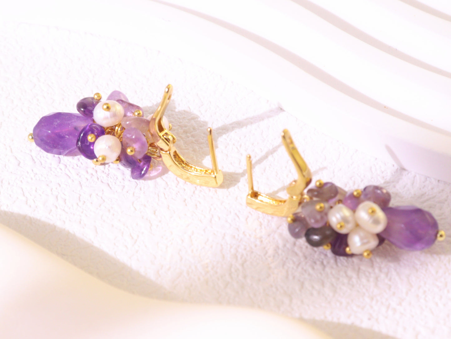 Amethyst Pearl Cluster Ear Clips – Gold Plated Brass