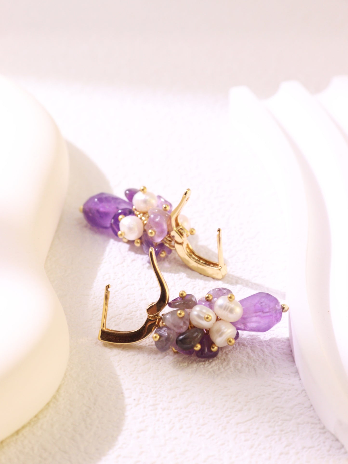 Amethyst Pearl Cluster Ear Clips – Gold Plated Brass