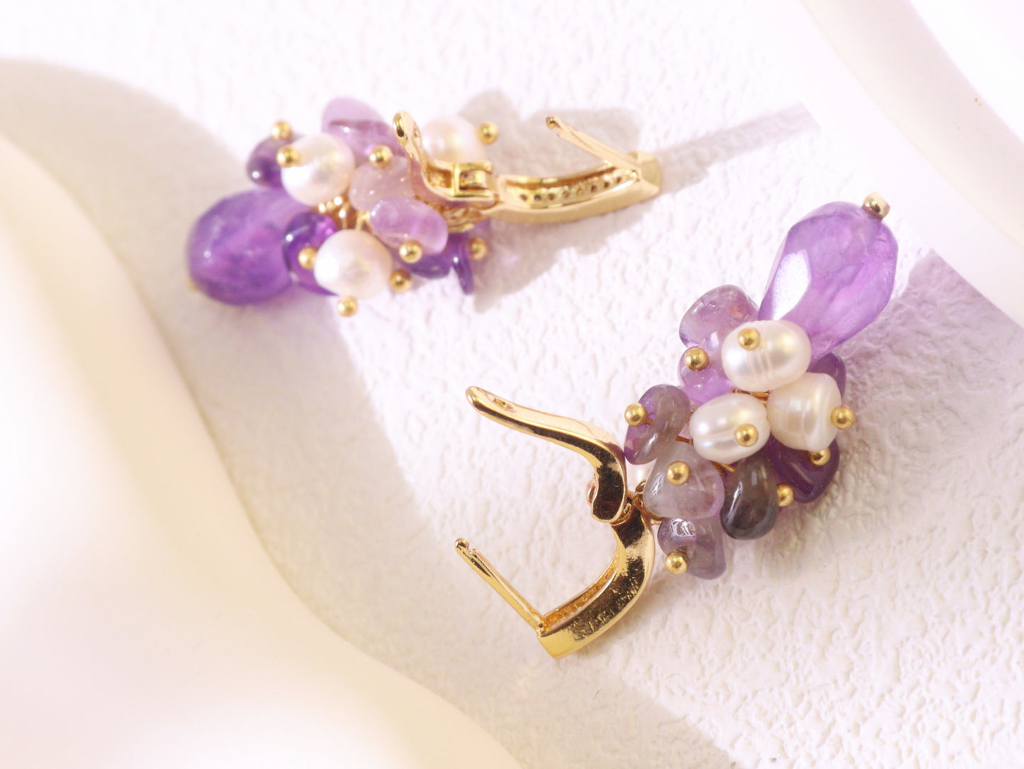 Amethyst Pearl Cluster Ear Clips – Gold Plated Brass