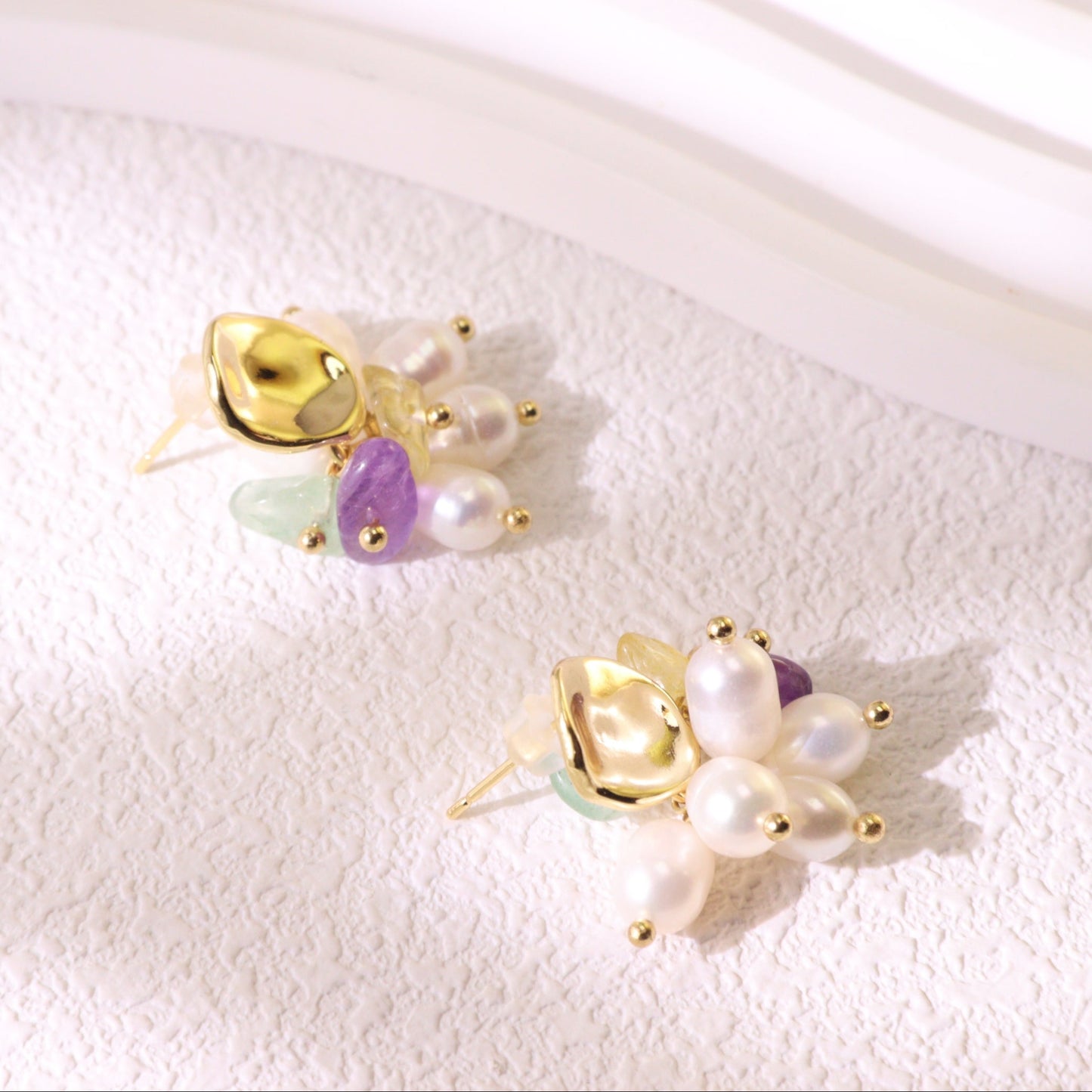Freshwater Pearl & Mixed Gemstone Studs – Gold Plated Amethyst & Citrine (2cm)