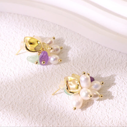 Freshwater Pearl & Mixed Gemstone Studs – Gold Plated Amethyst & Citrine (2cm)
