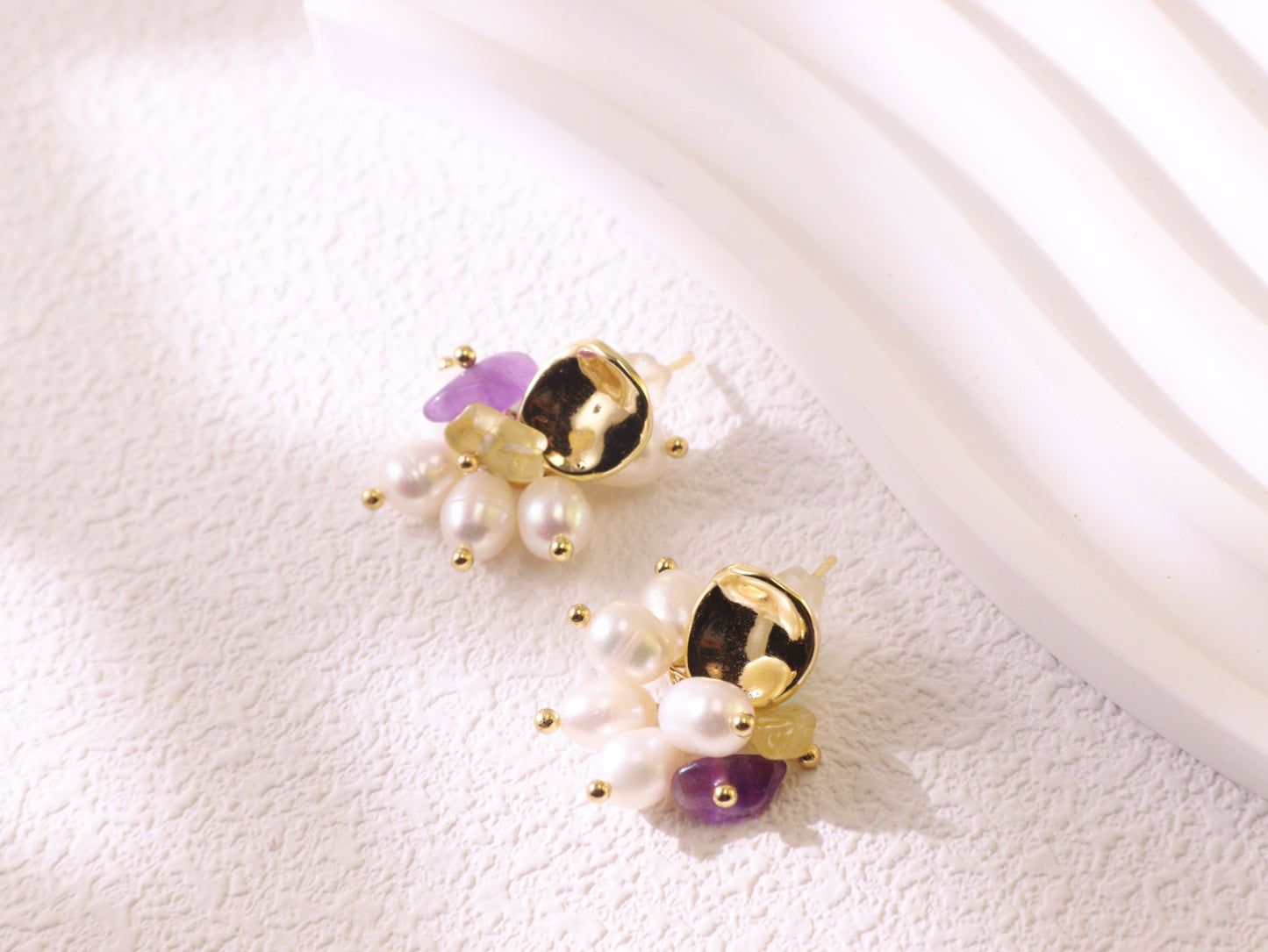 Freshwater Pearl & Mixed Gemstone Studs – Gold Plated Amethyst & Citrine (2cm)