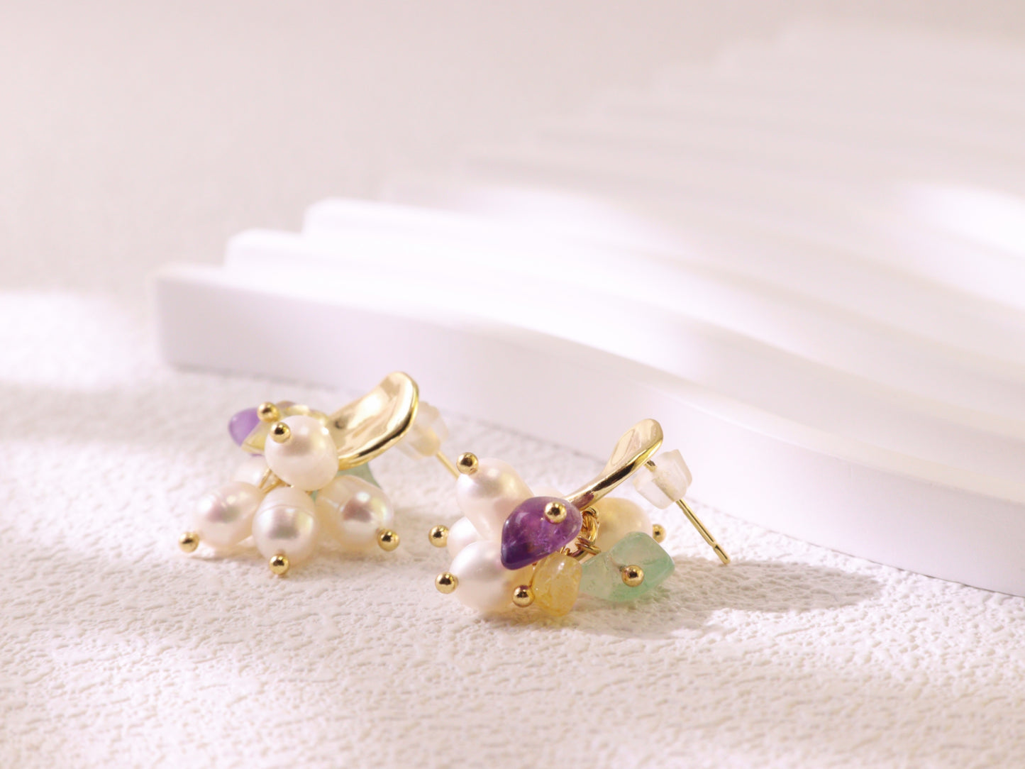 Freshwater Pearl & Mixed Gemstone Studs – Gold Plated Amethyst & Citrine (2cm)