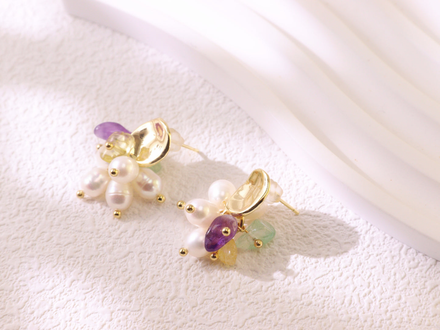 Freshwater Pearl & Mixed Gemstone Studs – Gold Plated Amethyst & Citrine (2cm)