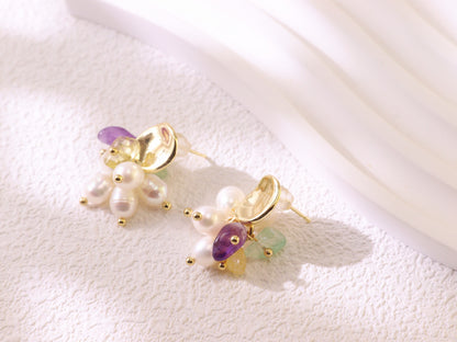 Freshwater Pearl & Mixed Gemstone Studs – Gold Plated Amethyst & Citrine (2cm)