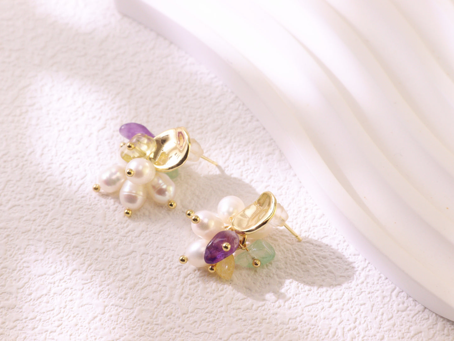 Freshwater Pearl & Mixed Gemstone Studs – Gold Plated Amethyst & Citrine (2cm)