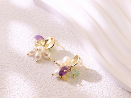 Freshwater Pearl & Mixed Gemstone Studs – Gold Plated Amethyst & Citrine (2cm)