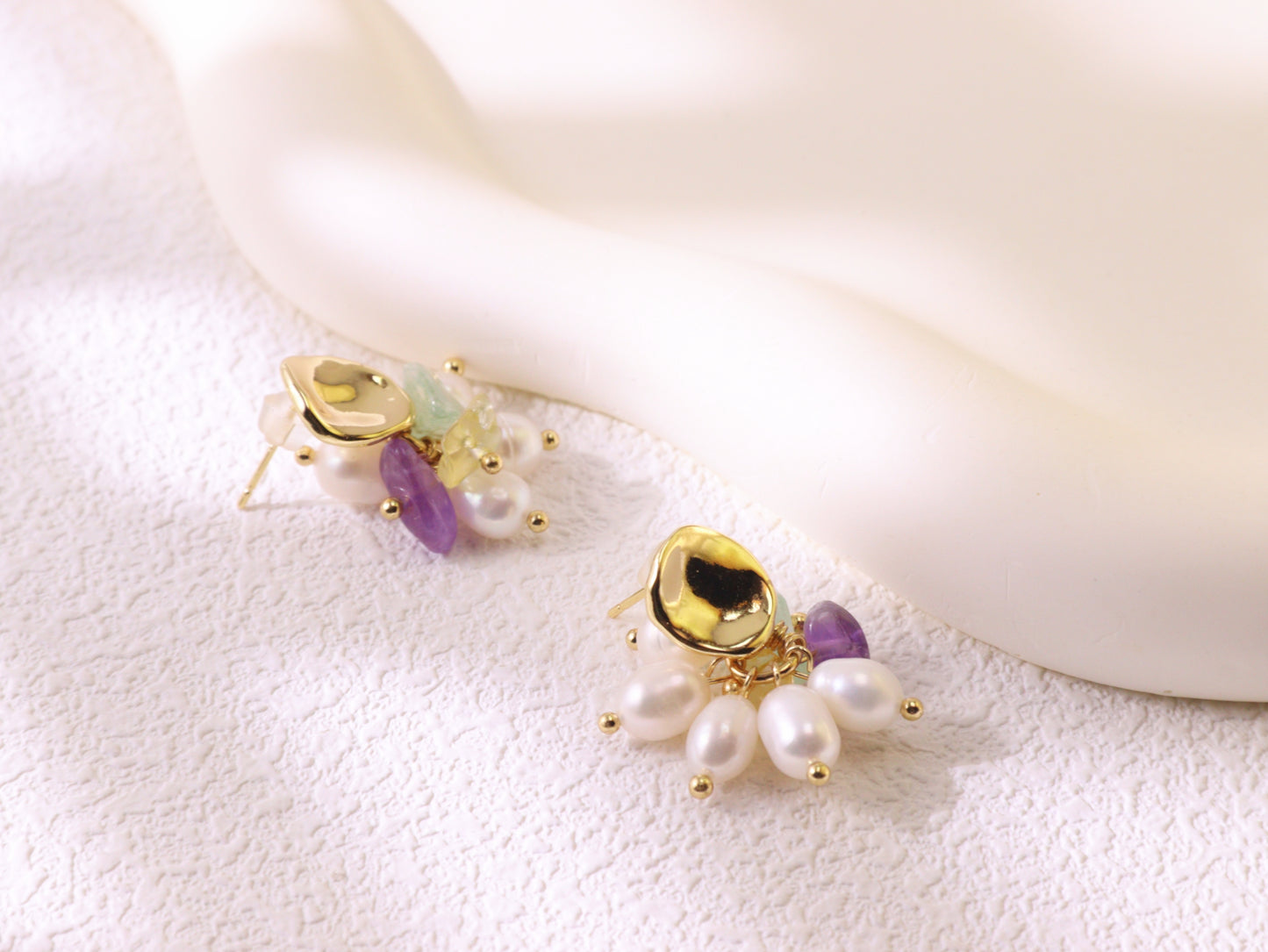 Freshwater Pearl & Mixed Gemstone Studs – Gold Plated Amethyst & Citrine (2cm)