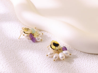 Freshwater Pearl & Mixed Gemstone Studs – Gold Plated Amethyst & Citrine (2cm)