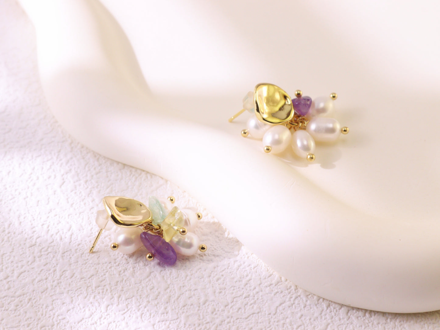Freshwater Pearl & Mixed Gemstone Studs – Gold Plated Amethyst & Citrine (2cm)