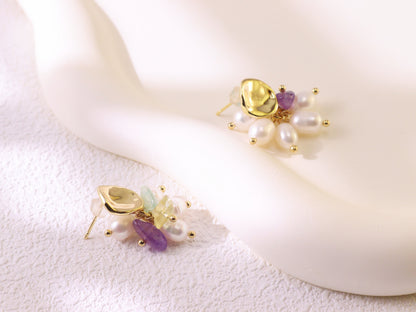 Freshwater Pearl & Mixed Gemstone Studs – Gold Plated Amethyst & Citrine (2cm)
