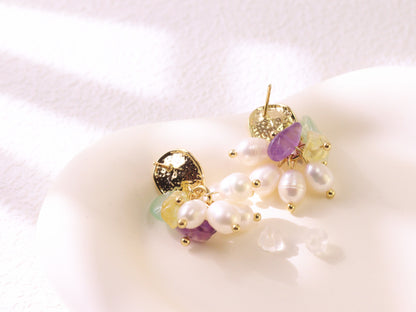 Freshwater Pearl & Mixed Gemstone Studs – Gold Plated Amethyst & Citrine (2cm)