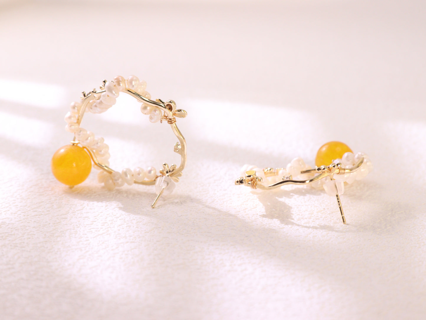 Yellow Chalcedony & Pearl Flower Hoops – Vintage Floral Gold Plated Earrings
