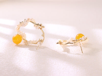 Yellow Chalcedony & Pearl Flower Hoops – Vintage Floral Gold Plated Earrings