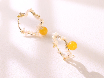Yellow Chalcedony & Pearl Flower Hoops – Vintage Floral Gold Plated Earrings