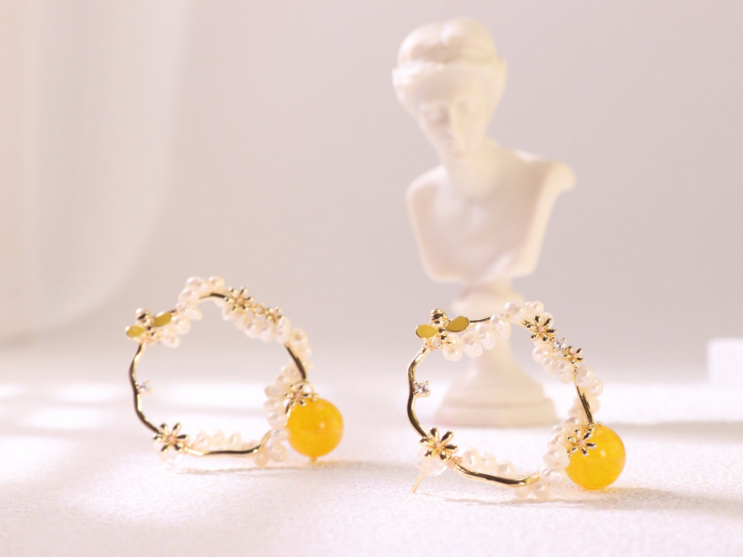 Yellow Chalcedony & Pearl Flower Hoops – Vintage Floral Gold Plated Earrings