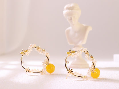 Yellow Chalcedony & Pearl Flower Hoops – Vintage Floral Gold Plated Earrings