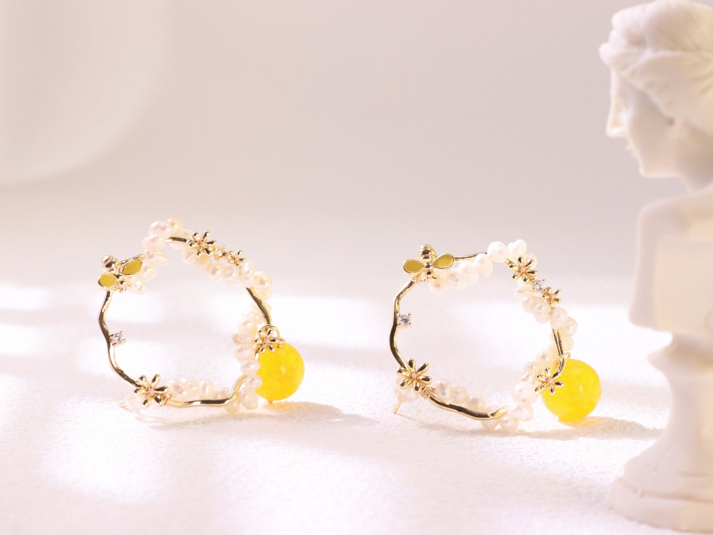 Yellow Chalcedony & Pearl Flower Hoops – Vintage Floral Gold Plated Earrings
