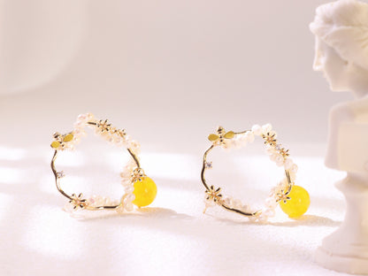 Yellow Chalcedony & Pearl Flower Hoops – Vintage Floral Gold Plated Earrings
