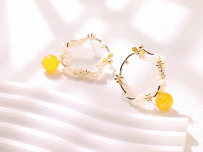 Yellow Chalcedony & Pearl Flower Hoops – Vintage Floral Gold Plated Earrings