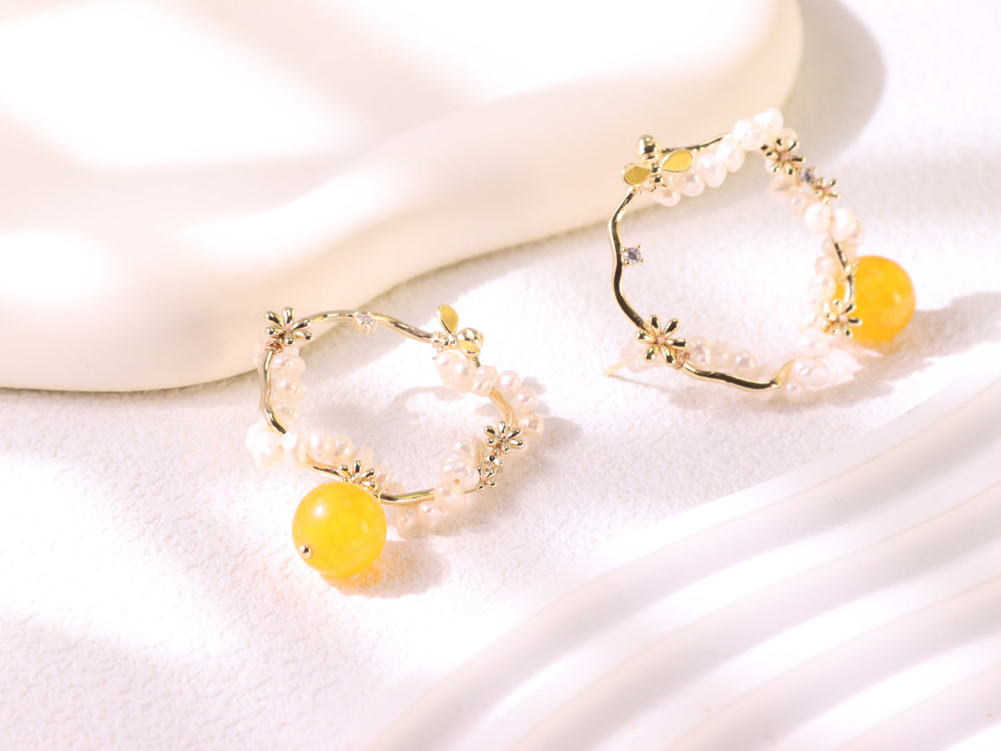 Yellow Chalcedony & Pearl Flower Hoops – Vintage Floral Gold Plated Earrings