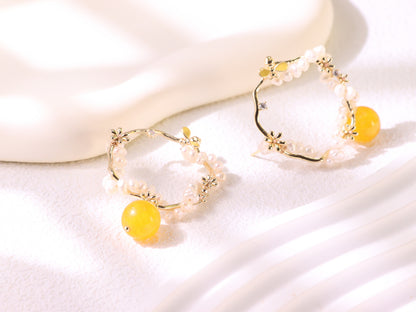 Yellow Chalcedony & Pearl Flower Hoops – Vintage Floral Gold Plated Earrings