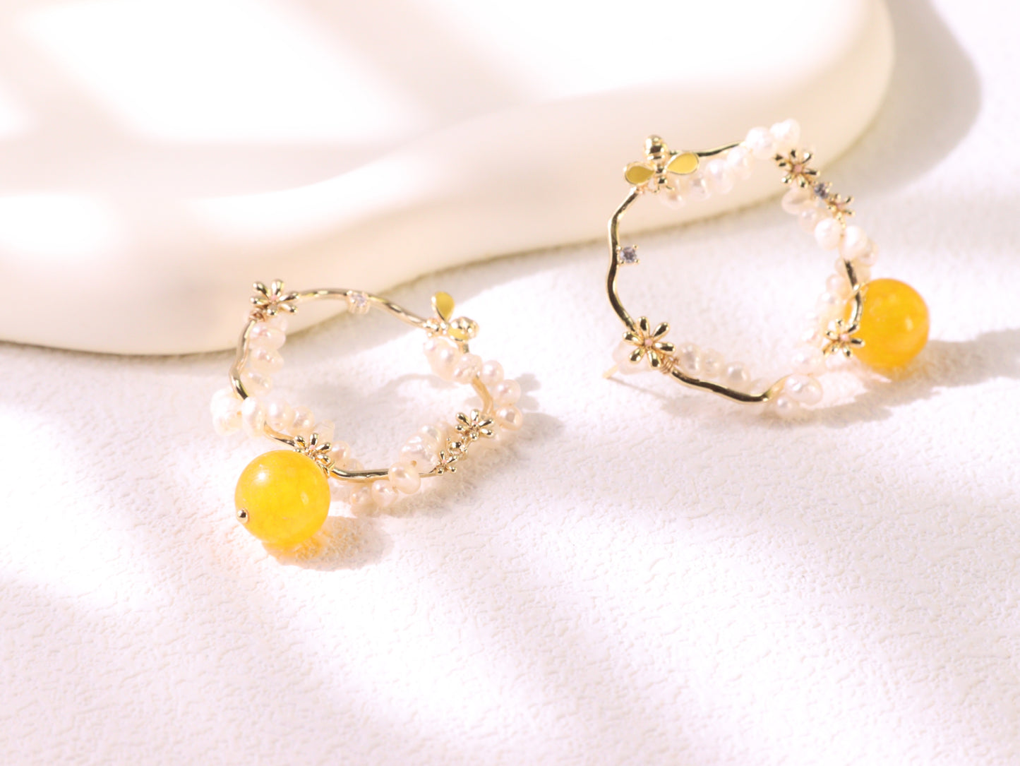 Yellow Chalcedony & Pearl Flower Hoops – Vintage Floral Gold Plated Earrings