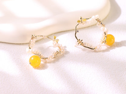 Yellow Chalcedony & Pearl Flower Hoops – Vintage Floral Gold Plated Earrings