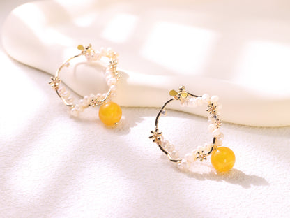 Yellow Chalcedony & Pearl Flower Hoops – Vintage Floral Gold Plated Earrings