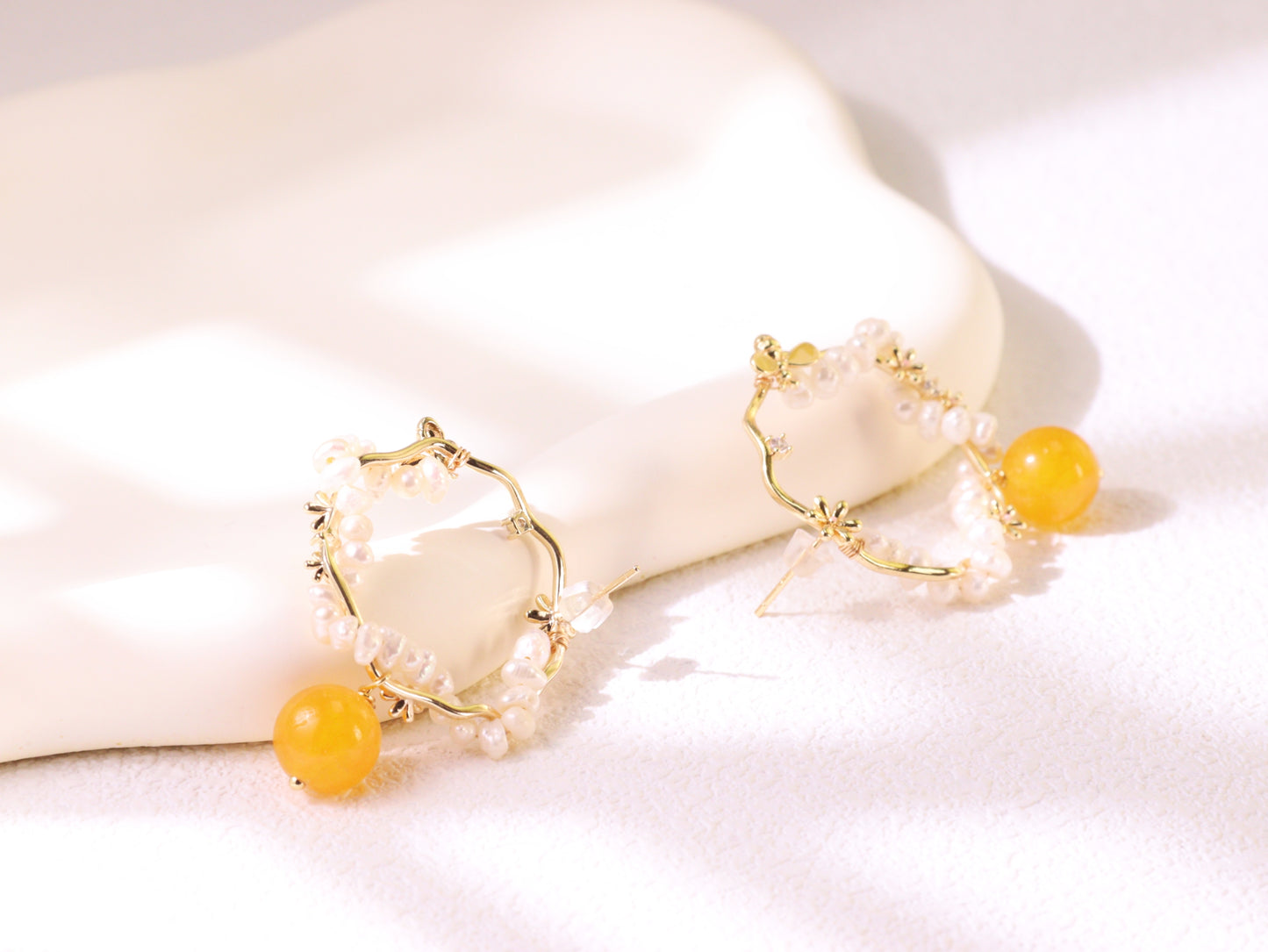 Yellow Chalcedony & Pearl Flower Hoops – Vintage Floral Gold Plated Earrings