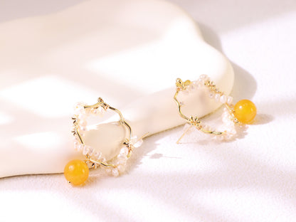 Yellow Chalcedony & Pearl Flower Hoops – Vintage Floral Gold Plated Earrings