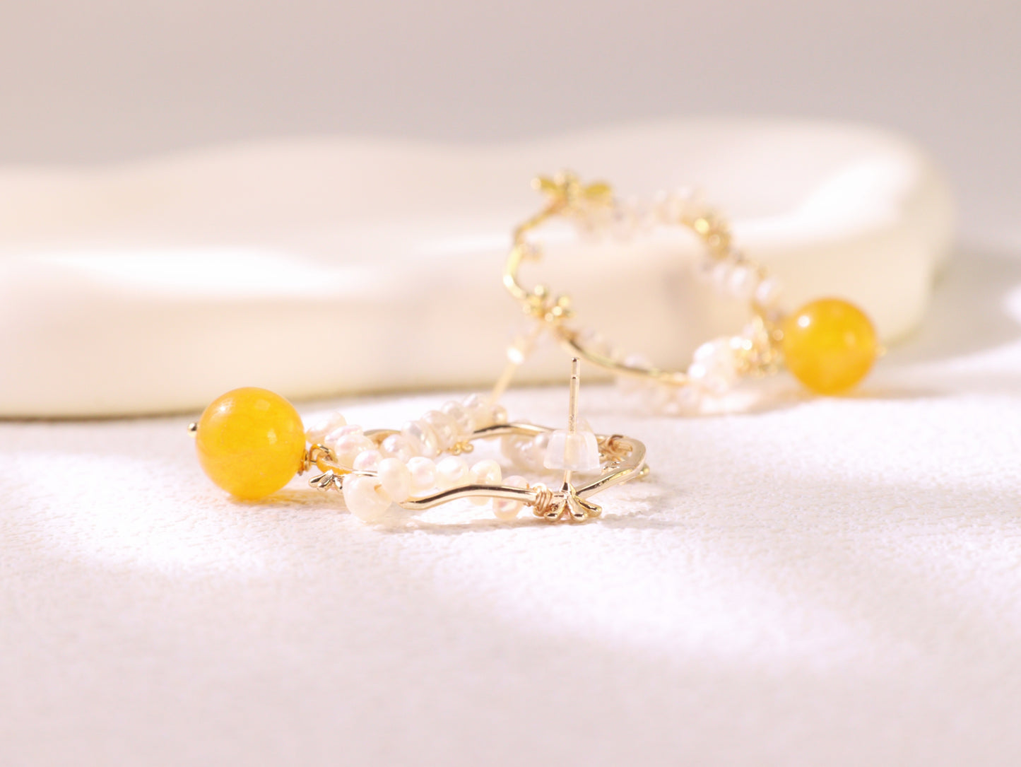 Yellow Chalcedony & Pearl Flower Hoops – Vintage Floral Gold Plated Earrings