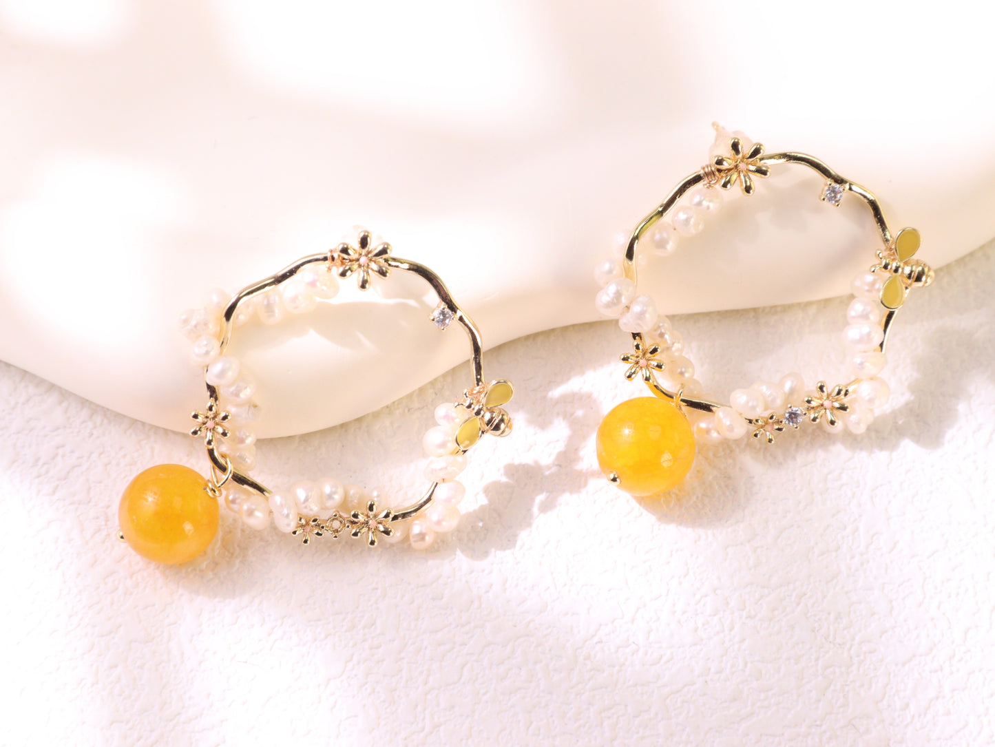 Yellow Chalcedony & Pearl Flower Hoops – Vintage Floral Gold Plated Earrings