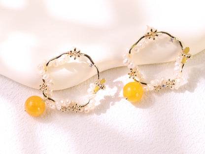Yellow Chalcedony & Pearl Flower Hoops – Vintage Floral Gold Plated Earrings