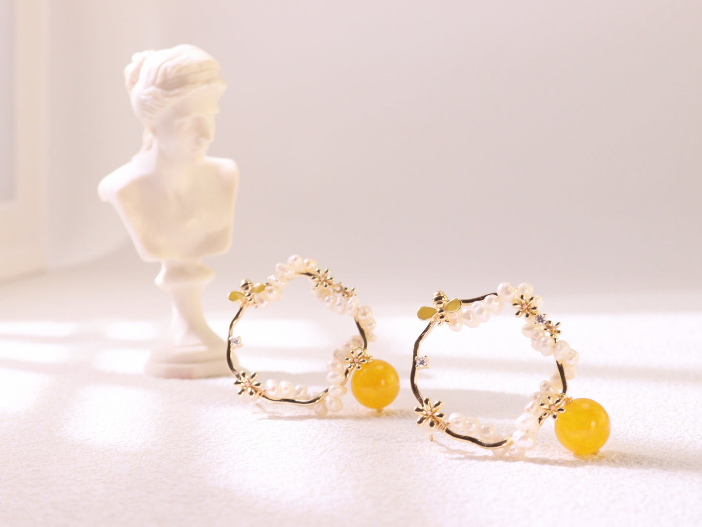 Yellow Chalcedony & Pearl Flower Hoops – Vintage Floral Gold Plated Earrings