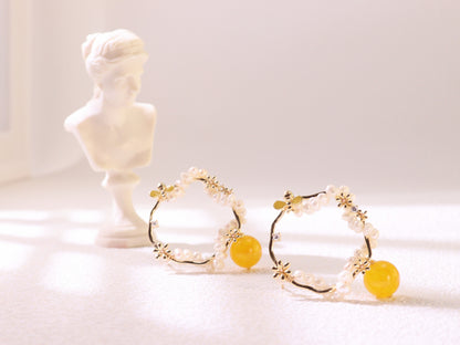 Yellow Chalcedony & Pearl Flower Hoops – Vintage Floral Gold Plated Earrings