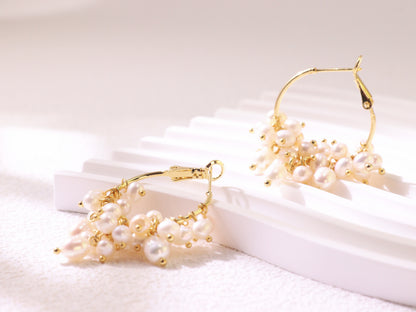 Gemstone Cluster Pearl Hoop Earrings – Amethyst & Turquoise Gold Accents