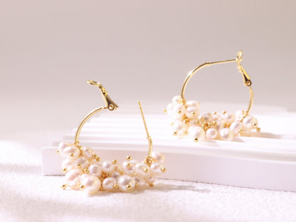 Gemstone Cluster Pearl Hoop Earrings – Amethyst & Turquoise Gold Accents