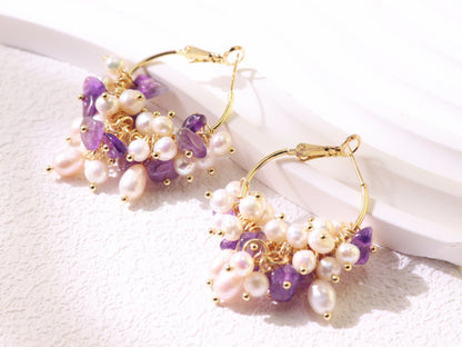 Gemstone Cluster Pearl Hoop Earrings – Amethyst & Turquoise Gold Accents
