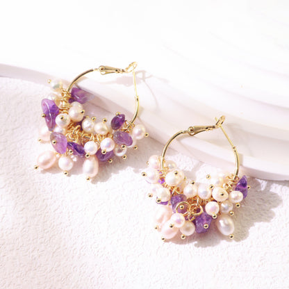 Gemstone Cluster Pearl Hoop Earrings – Amethyst & Turquoise Gold Accents
