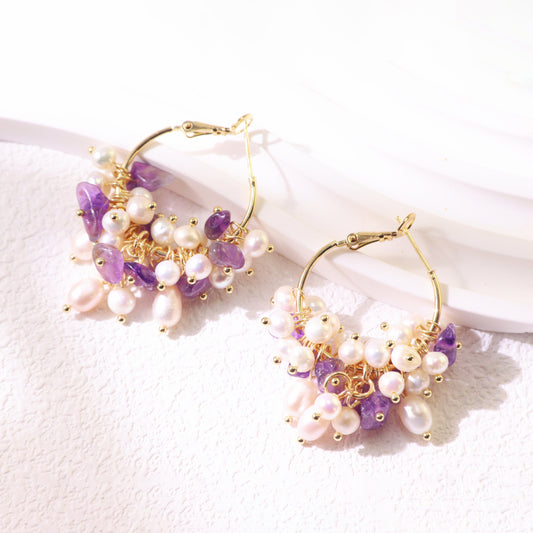 Gemstone Cluster Pearl Hoop Earrings – Amethyst & Turquoise Gold Accents