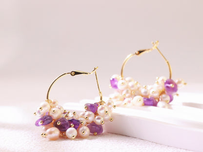 Gemstone Cluster Pearl Hoop Earrings – Amethyst & Turquoise Gold Accents