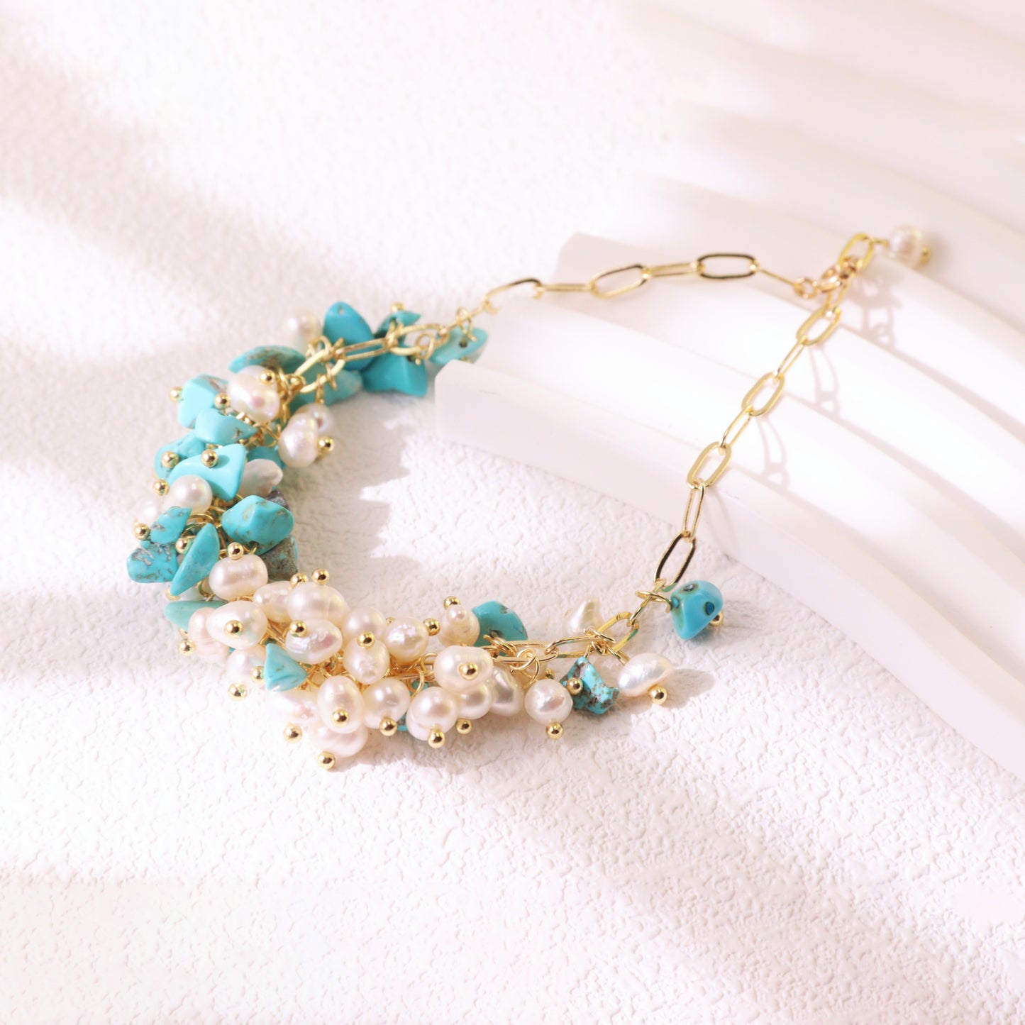 Turquoise & Pearl Chain Bracelet – Gold Plated Elegant Bridesmaid Gift
