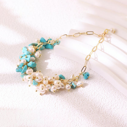 Turquoise & Pearl Chain Bracelet – Gold Plated Elegant Bridesmaid Gift