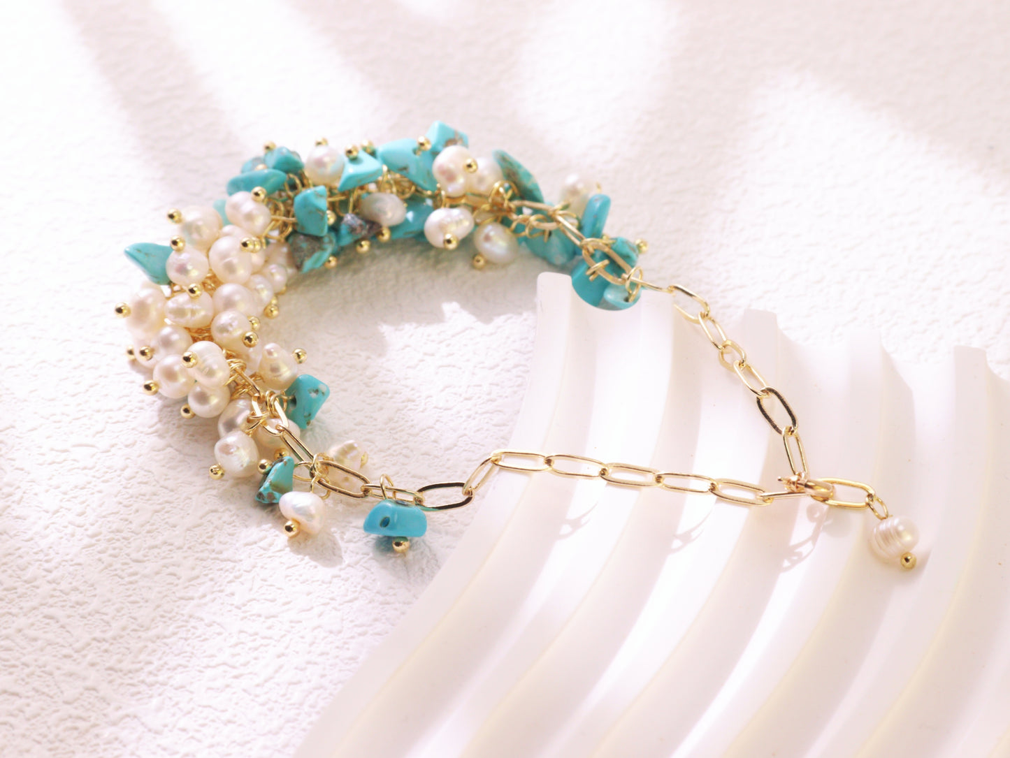 Turquoise & Pearl Chain Bracelet – Gold Plated Elegant Bridesmaid Gift