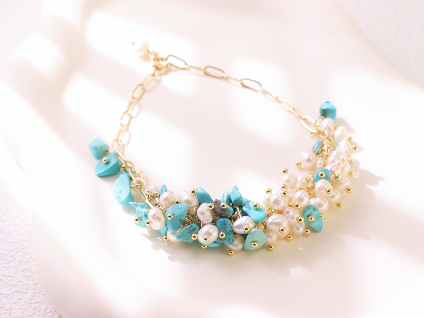 Turquoise & Pearl Chain Bracelet – Gold Plated Elegant Bridesmaid Gift