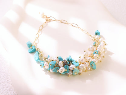 Turquoise & Pearl Chain Bracelet – Gold Plated Elegant Bridesmaid Gift