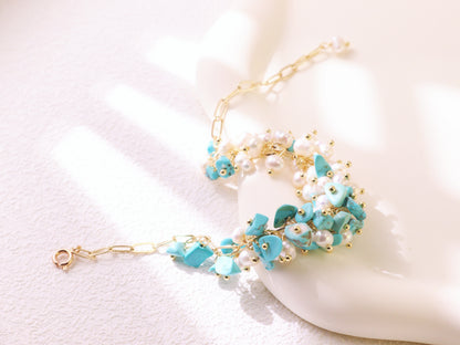Turquoise & Pearl Chain Bracelet – Gold Plated Elegant Bridesmaid Gift