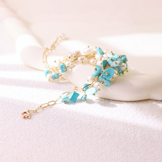 Turquoise & Pearl Chain Bracelet – Gold Plated Elegant Bridesmaid Gift