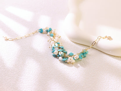 Turquoise & Pearl Chain Bracelet – Gold Plated Elegant Bridesmaid Gift